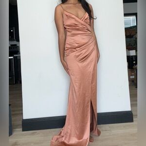 Light brown satin v neckline Windsor dress
